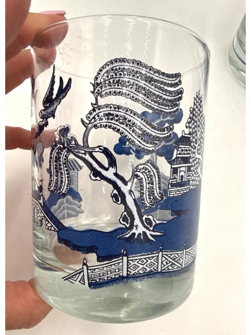 VTG Set Of 3 Blue Willow Patterned Glass Tumblers 4-Inch Height Asian-Inspired D